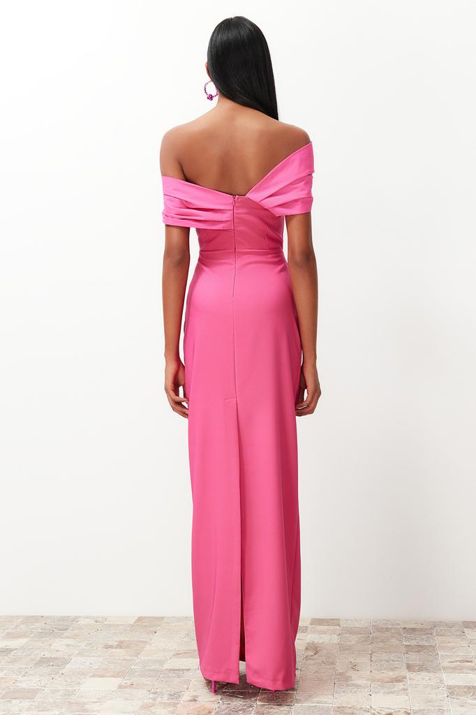 Women's Fashion New Evening Dress & Graduation Dress Black Fitted Asymmetrical Collar Poplin Detailed Long Evening Evening Dress