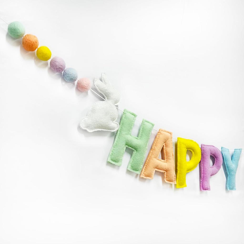 Easter Decorations Pre-Strung Felt Pastel Happy Easter Sign Bunny Banner Wool Felt Ball Garland for Happy Easter Spring Nursery Classroom Home Wall