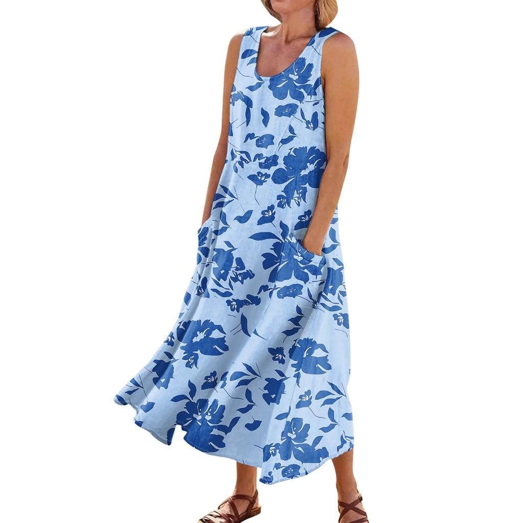 Платье без рукавов для женщин. Женское летнее повседневное модное платье без рукавов с круглым вырезом и карманом с принтом.