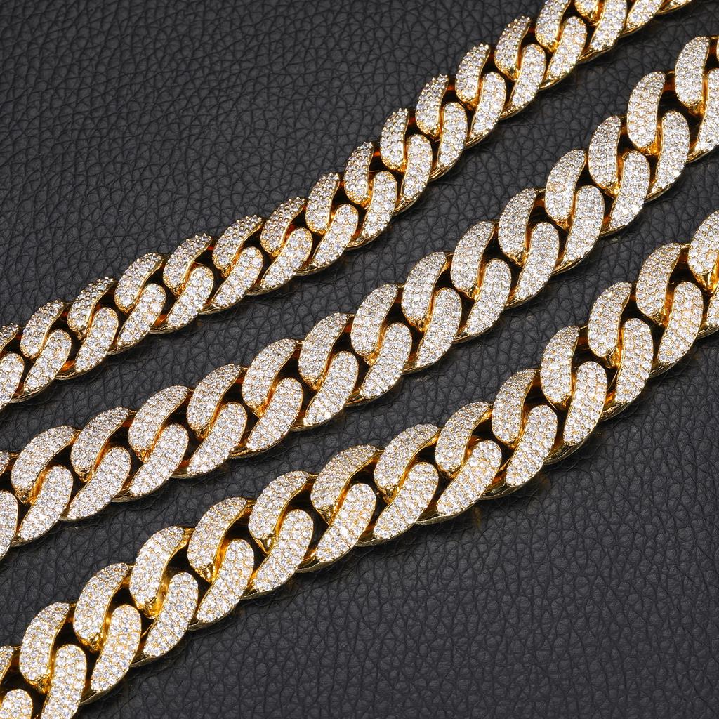 Сплошная медь 12 мм Двухрядная кубинская цепь Ожерелье Покрытие 18 каратным золотом Цирконий Ледяной Стиль Унисекс Подарочная коробка для вечеринки с сертификатом