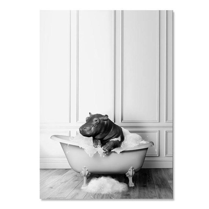 Скандинавский плакат для украшения ванной комнаты, слон, жираф, ванна, животное, черно-белый холст, картина, ретро настенные художественные принты, украшение для дома