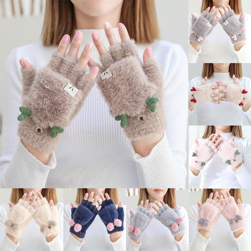 Winter Warm Soft Rabbit Fur Knit Mittens Women Flip Half Finger Plush Thick Cute Cartoon Cat Claw Touch Screen Driving Gloves I1