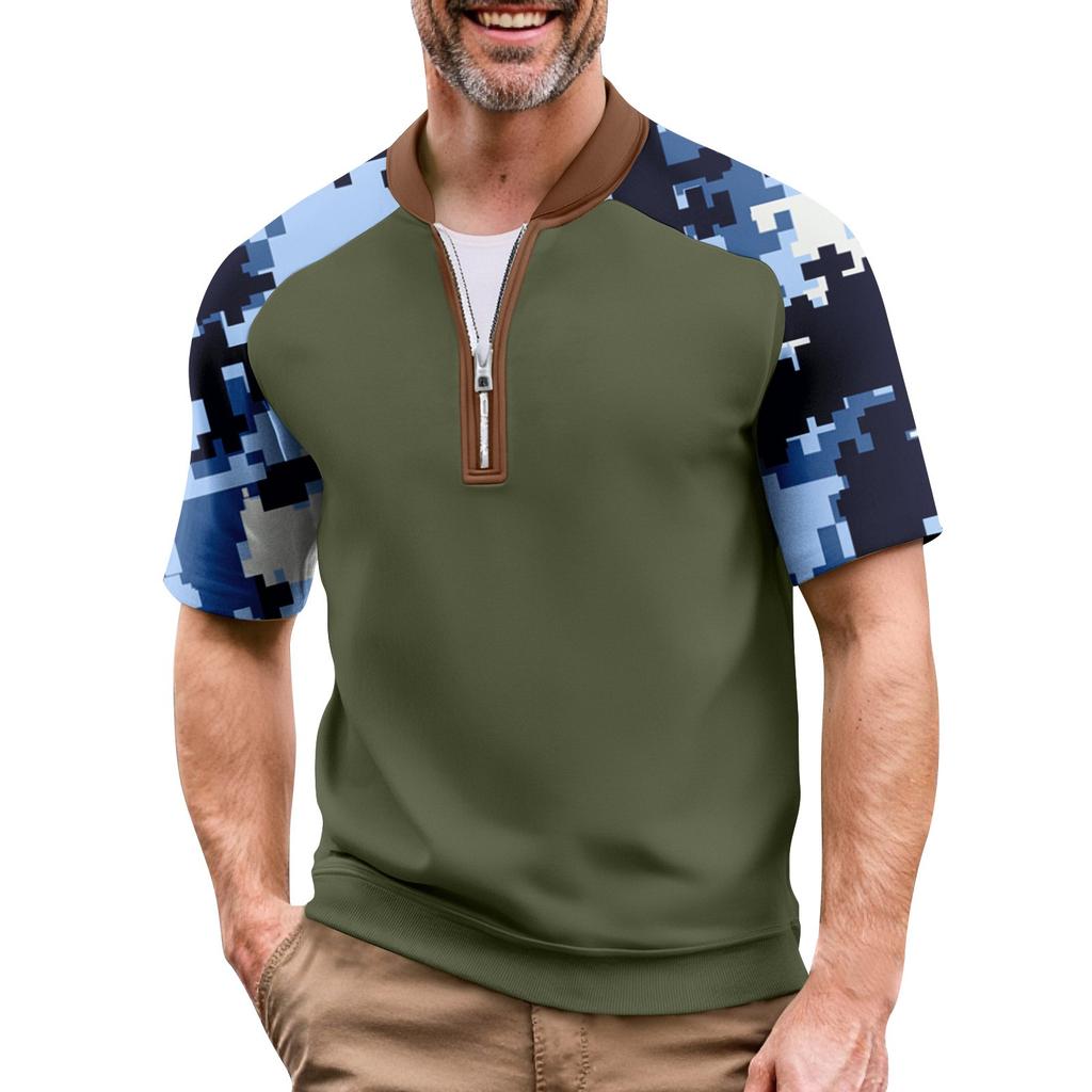 Мужская летняя футболка камуфляжной расцветки в стиле кэжуал, спортивный дышащий топ с воротником на молнии