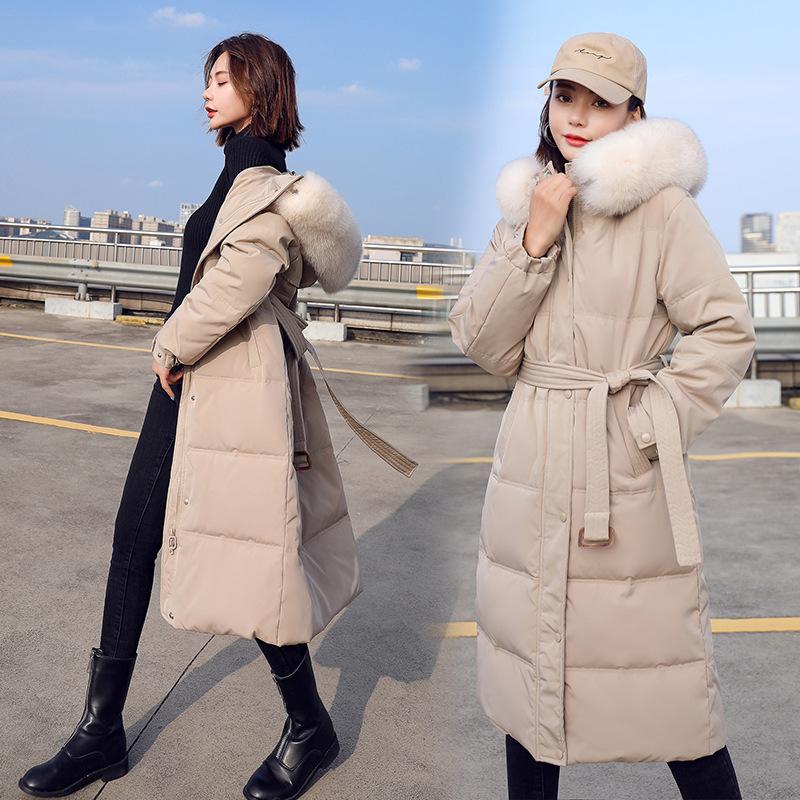 Long cotton-padded clothes for women's annual belt over knee big fur collar hooded down cotton-padded clothes for women's warm cotton-padded jackets