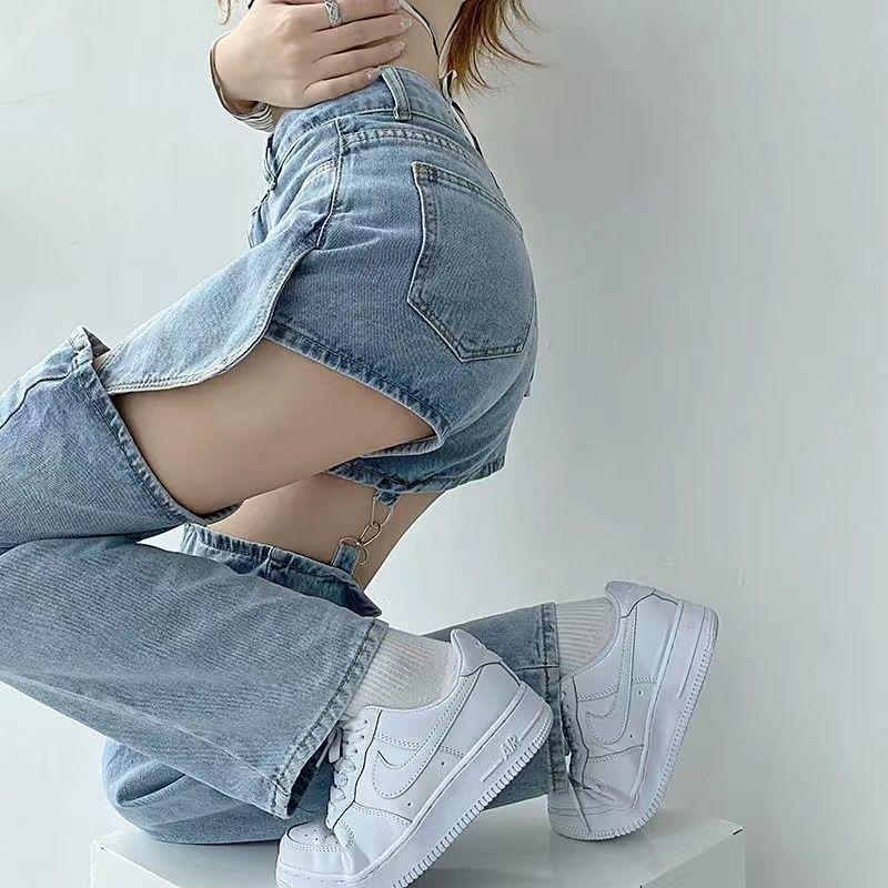 Уличные прямые джинсы с имитацией двух слоев и рваными деталями, летние женские, синие вываренные, на молнии, съемные, модные, с высокой талией, тонкие, свободные, джинсовые брюки