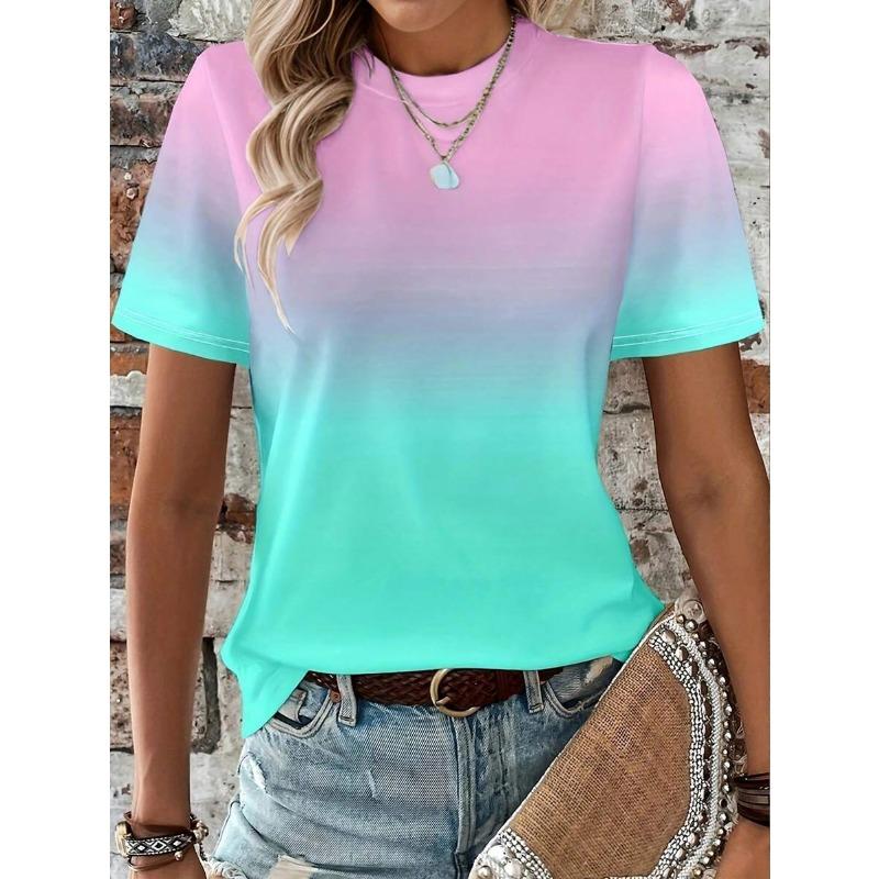 Gradient T-shirt Women's Summer Outdoor Fashion Round Neck Short Sleeve Tops Gradient Trendy Style OverSize Loose Women Clothing
