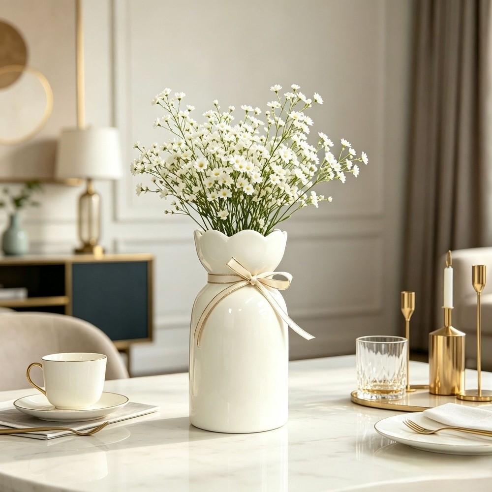 Nordic Style White Flower Vase Elegant Hydroponic Flower Pot Ceramic Vase Home Office Decoration