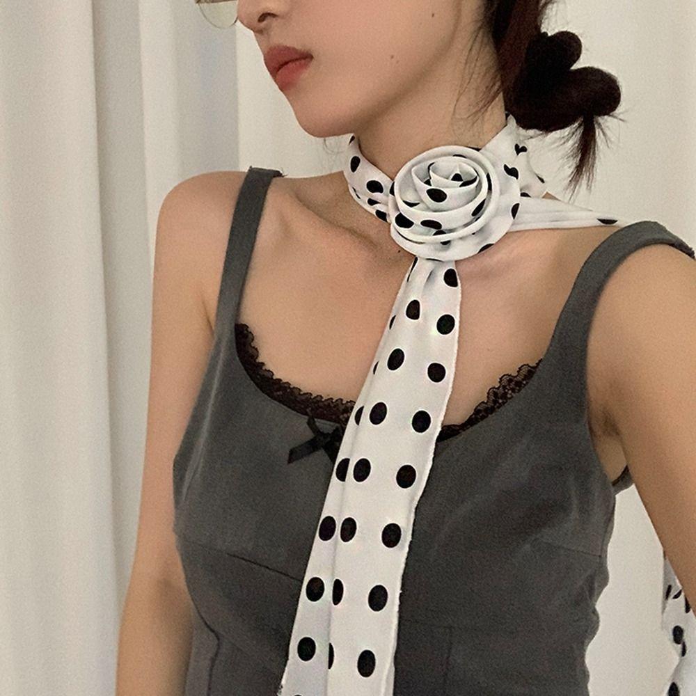 Cravat Polka Dot Scarves Wrap Collar Flower Decoration All-match Long Silk Scarf Spring Summer