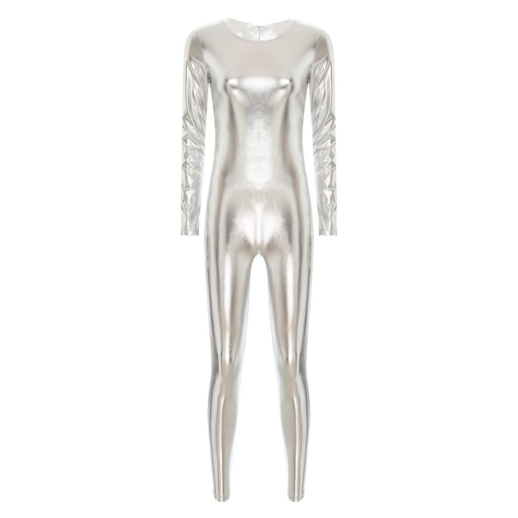 Женский цельный комбинезон с круглым вырезом и длинными рукавами металлик, праздничный комбинезон для всего тела