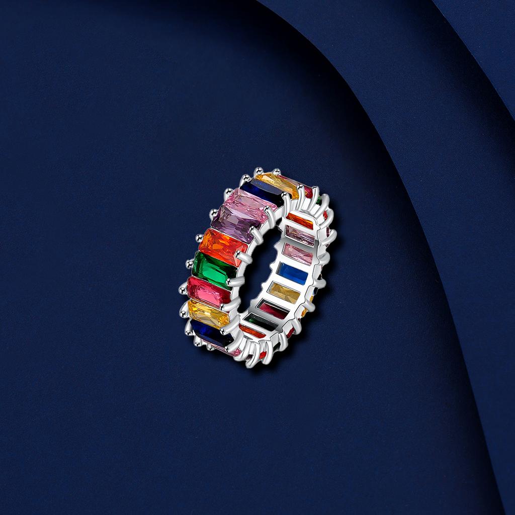 Fashion Rectangular Ring Hip-hop Colored Cubic Zirconia Universal Ring For Men And Women