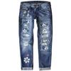 Women's Blue Flower Printed Stretch Jeans High Waist Trousers Patch Ripped Destroyed Denim Pants Skinny Pants