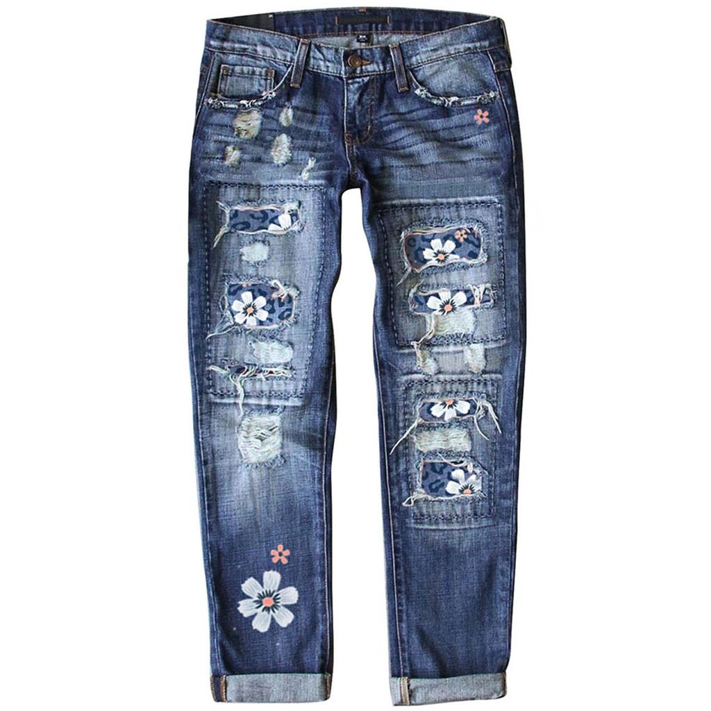 Women's Blue Flower Printed Stretch Jeans High Waist Trousers Patch Ripped Destroyed Denim Pants Skinny Pants