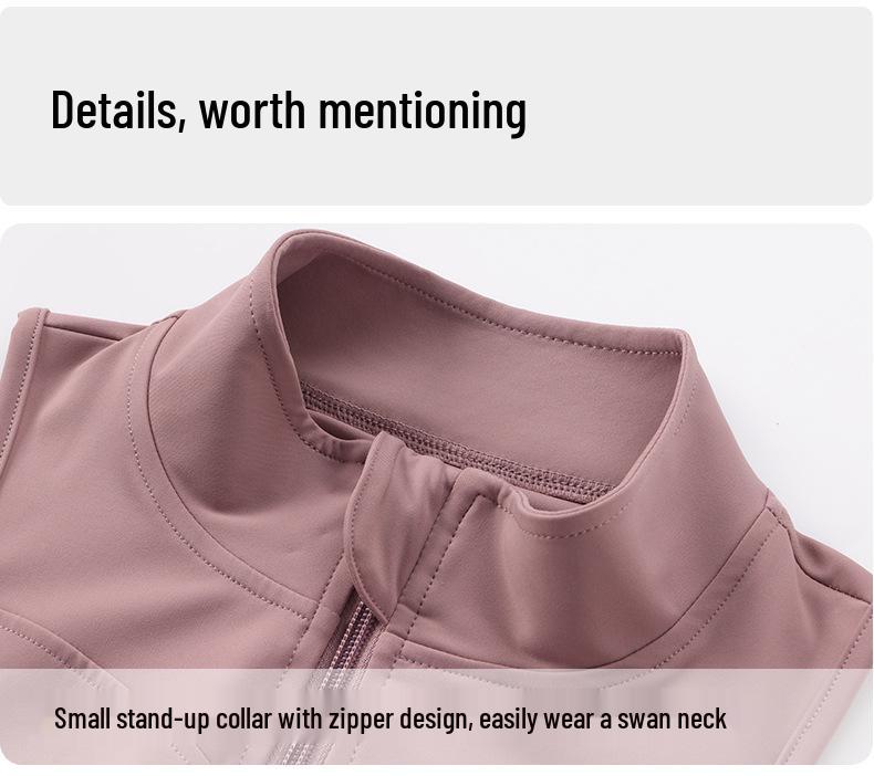 Топ для йоги телесного цвета на молнии, амортизирующий, для женщин - Приталенный, без рукавов, со стойкой воротником, для летних видов спорта на открытом воздухе.