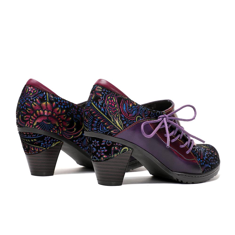 Johnature Retro Printed High Heels Genuine Leather Pumps Ethnic Style Flower Side Zipper Women's Shoes