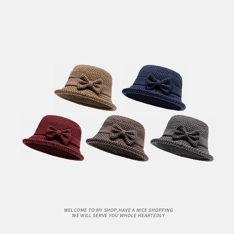 Осенне-зимняя шляпа рыбака среднего возраста, женская шерстяная толстая теплая шляпа с бантом, шляпа в клетку для мам