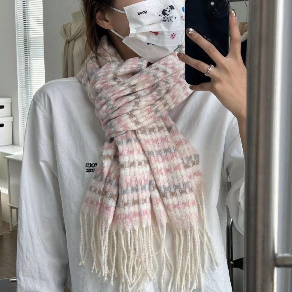 Korean Style Knitted Plaid Scarf Thickened Winter Cashmere Shawl Trendy Y2K Checkered Scarf Women