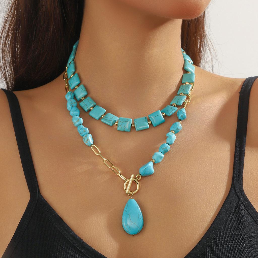 Necklace for Women Natural Turquoise Beaded Jewelry Niche Design Sense Double Teardrop Pendant Turquoise Necklace Beautiful Elegant Necklace for Her