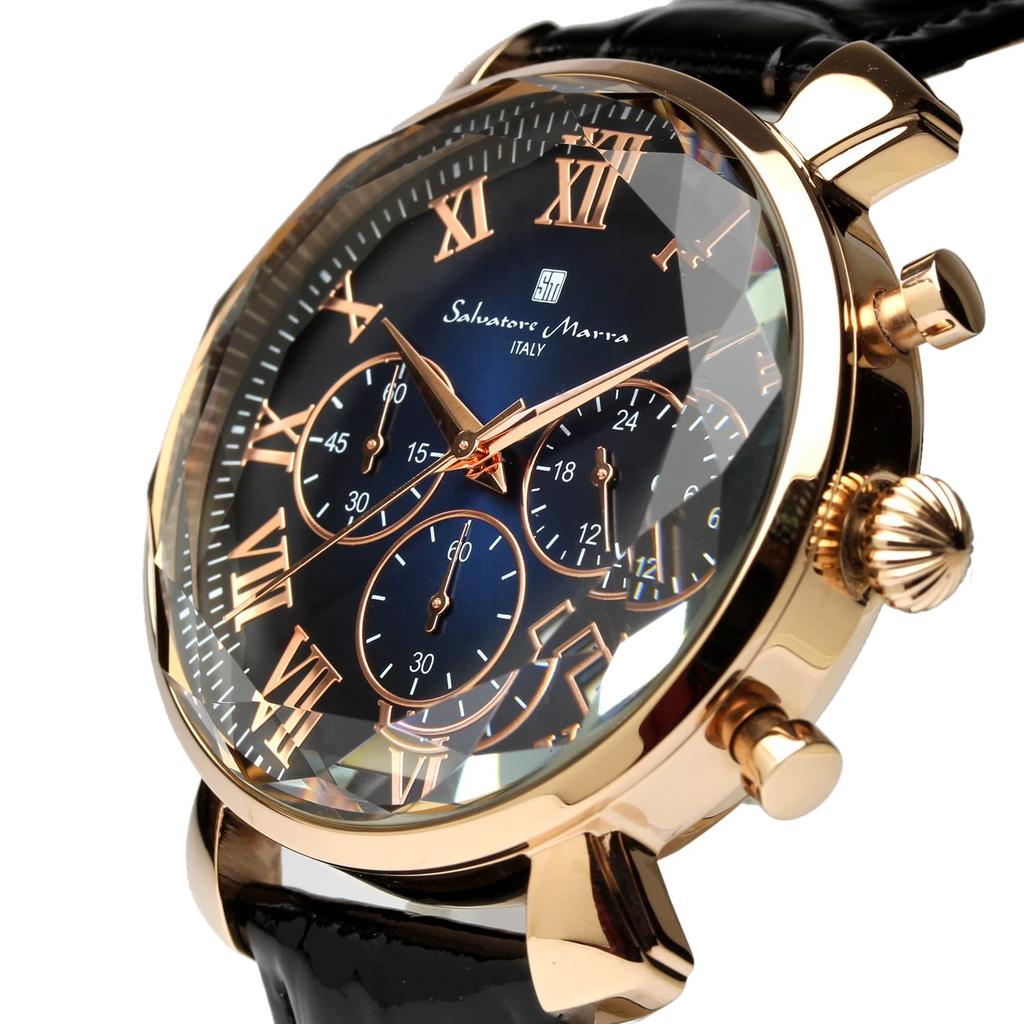 Salvatore Marra Стеклянный хронограф с кожаным градиентом и мужские часы, многогранный ремешок, зеленый, синий, черный, SM19104-PGBLBK