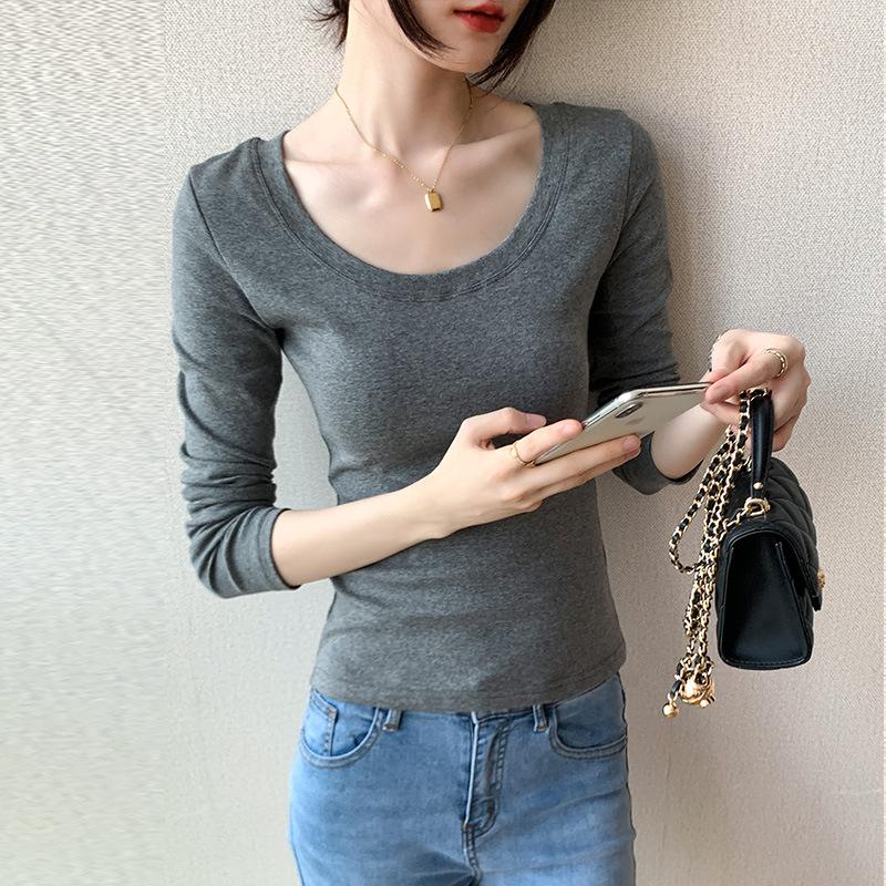 Pure Cotton Long-sleeved Women's T-shirt, Shoulder, Autumn New Style, Slimming, Solid Color, Large Size Top, Bottoming Shirt