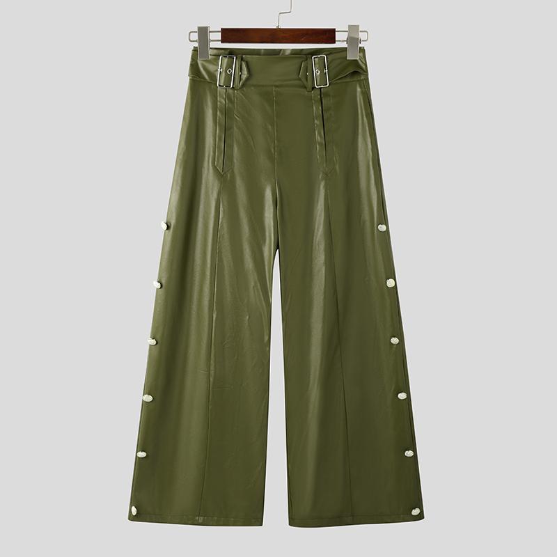 INCERUN Мужские брюки из искусственной кожи с высокой талией, повседневные длинные брюки с карманами