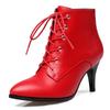 Red Short Boots Shoes Autumn Spring Women's Ankle Boot Black Point Toe Lace-up High Heels Party Dance Shoes Ladies Large Size