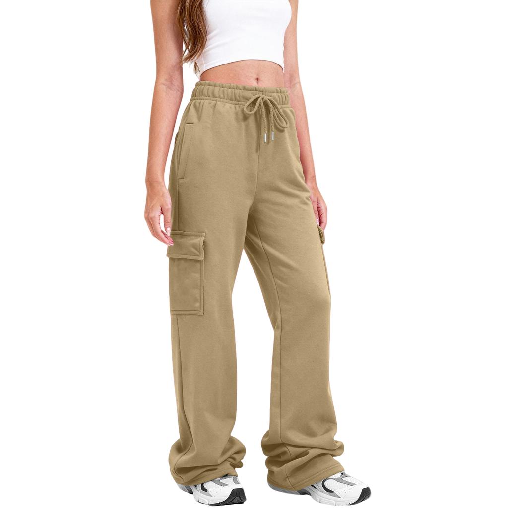 Women Cargo Sweatpants Stacked Pants Warm Fleece Drawstring Waist Casual Joggers Trousers