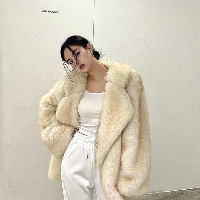 Faux Fox Fur Grass Coat Women's Mid Length Style Style Large Polo Neck Loose Mesh Red Plush Coat