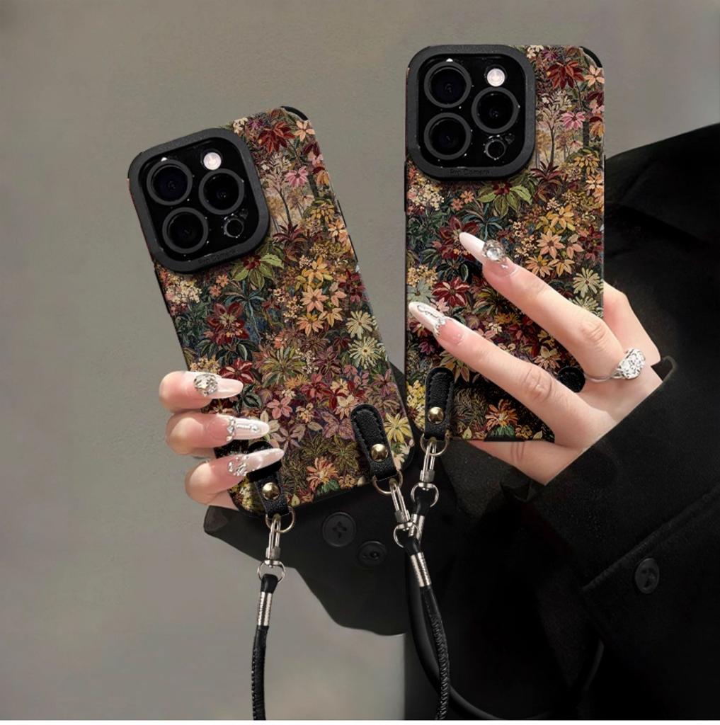 Масляная живопись Баицао шнурок подходит для чехла мобильного телефона Apple 16promax iphone13 силиконовый овчина 15 ретро нишевый