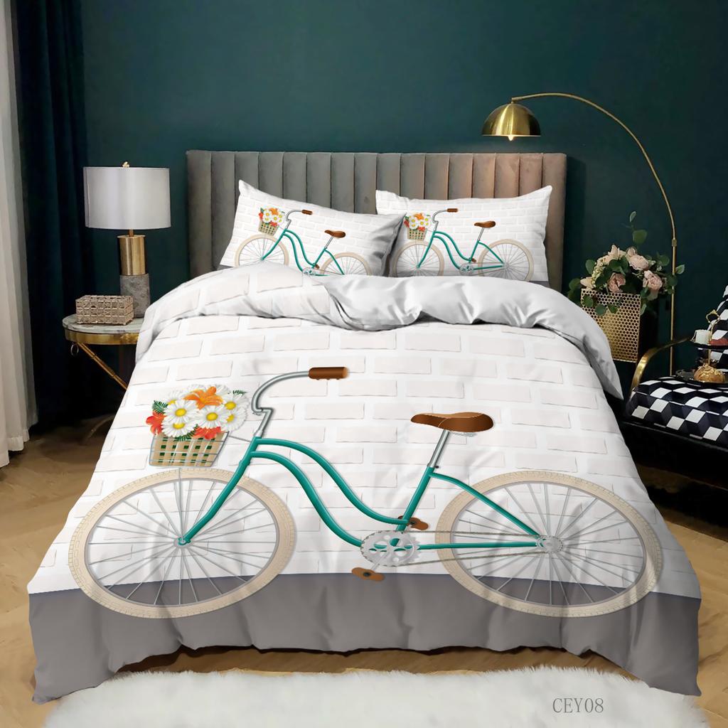Bicycle Duvet Cover Set,Bike Sketch Artwork,Decorative 3 Piece Bedding Set With 2 Pillow Shams,Queen/King Size White Quilt Cover