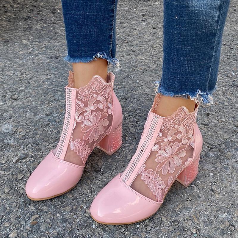 Мода Rimocy Сексуальные Черные Ботильоны с Вышивкой Из Сетчатой Ткани для Женщин Лето 2024 Ботинки На Квадратном Каблуке Женские Белые Короткие Ботинки С Кружевами