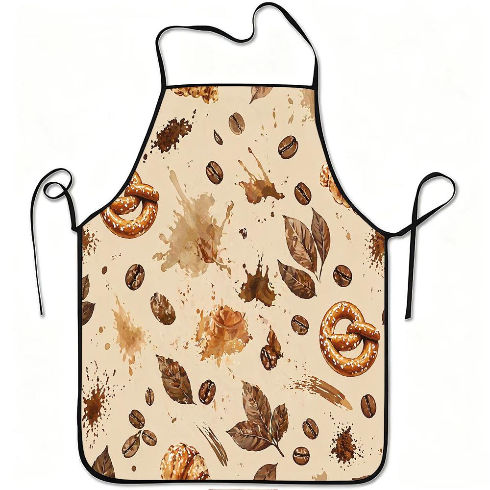 1pc Coffee Beans Pretzel Croissant Print Apron, Durable And Easy to Clean, Adjustable Waistband, Polyester Material, for Kitchen Cooking, Gardening, O