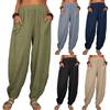 Women Summer Pull On Pants Casual Loose Cotton And Linen Solid Color High Waist Beach Trousers Tapered Pants With Pockets