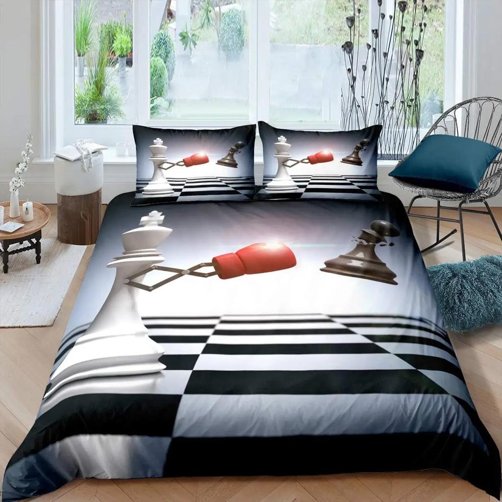 International Chess Duvet Cover Set Queen Size Chess Lovers Постельное белье для детей и взрослых Микрофибра Черная основа 23 шт Пододеяльник