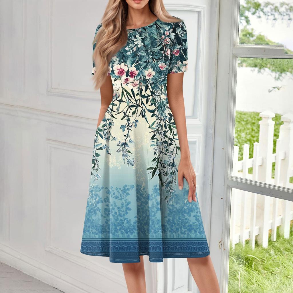 Женское свободное повседневное и модное платье с круглым вырезом и короткими рукавами, средней длины с принтом