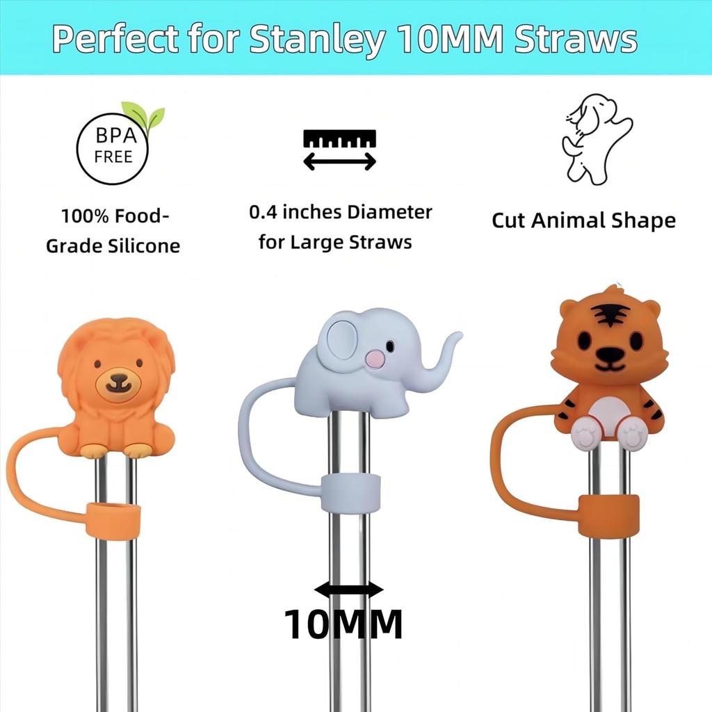 3 шт. Милые Животные Насадки на Трубочку для Стакана Stanley, 10 мм 0,4 дюйма Силиконовые Колпачки Аксессуары для Термокружек 30 и 40 унций с Ручкой, Пылезащитные Повторно (цвет
