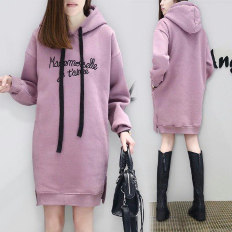 Women S Loose Fleece Hooded Mid Length Embroidered Letter Sweatshirt