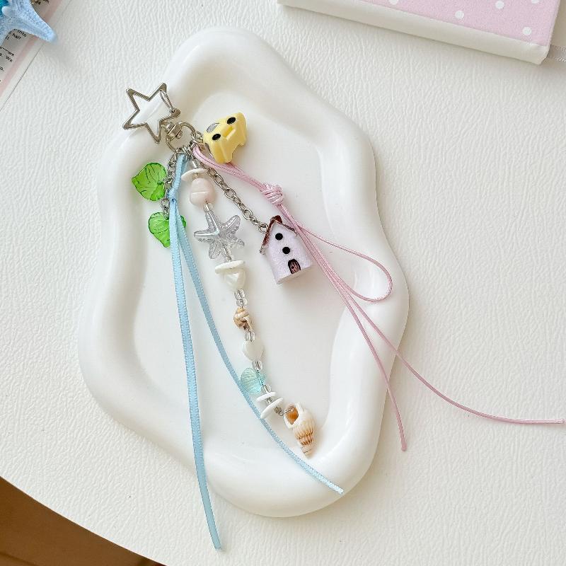 Ocean Themed Cute Keychain with Star Clip Shell Charms Ribbon Tassels for Friend Souvenir Holiday Small Gift