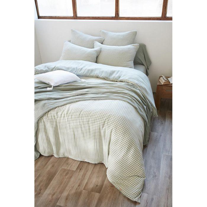 Housse de couette réversible "Vickie" Tissé-teint toutes dimensions "Gaze de Coton" - 140x200 - Eucalyptus