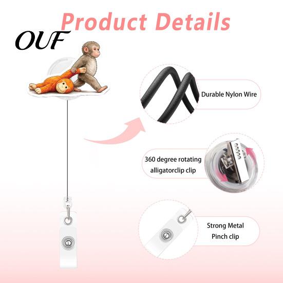 Acrylic Badge Clip for Nurses Retractable Holder, Cute Monkey Pattern Print 360 Degree Rotating Telescopic Reel Teachers Clip, Easy-pull Office Staff