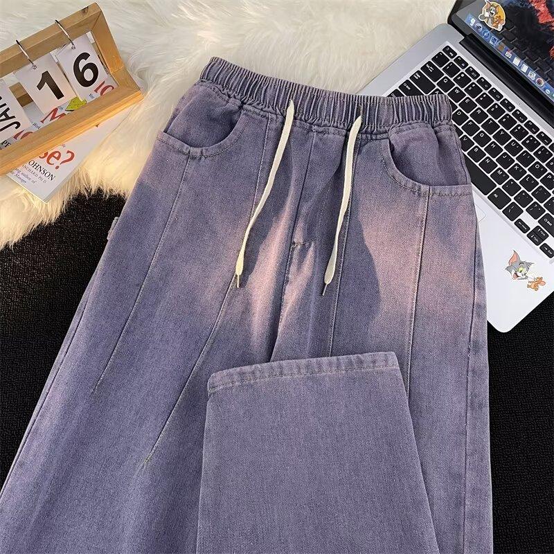 Women Vintage Baggy Jeans Elastic Waist Oversized American Trouser Denim Wide Leg Streetwear Straight Basic Pants Y2k  Plus Size