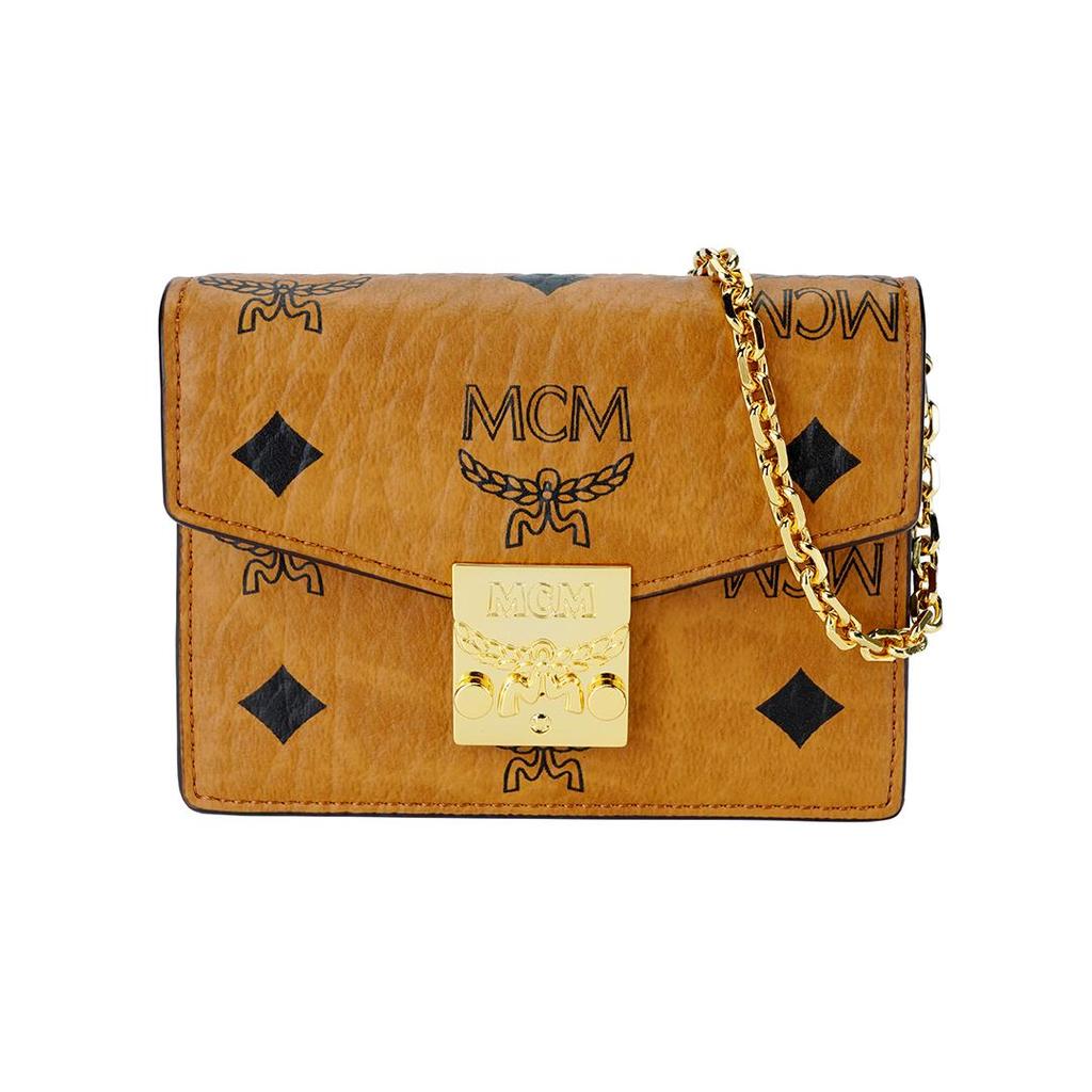 MCM Кожаная сумка-конверт Visetos цвета коньяка на цепочке через плечо с золотой фурнитурой для повседневного и вечернего использования