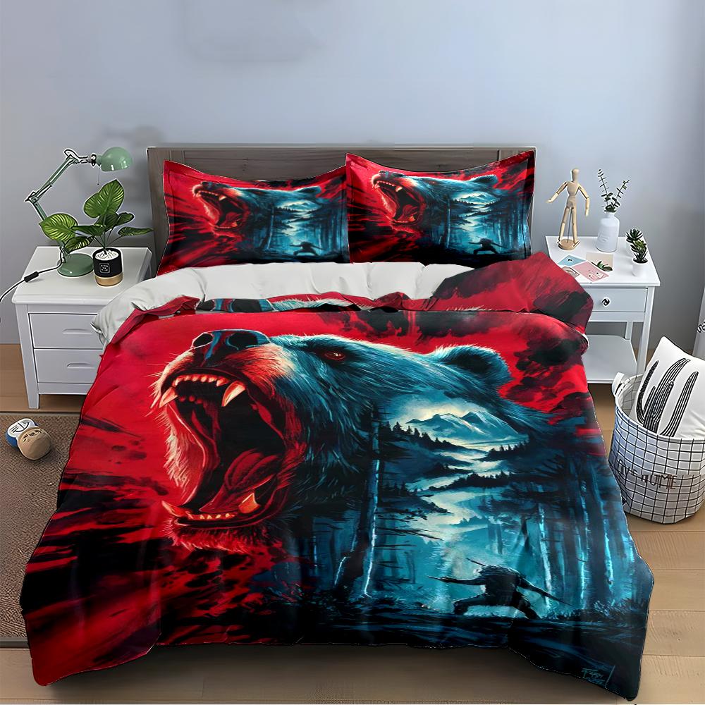 Raging Bear Forest Battle Bedding Set Bedding set (1 duvet cover, 2 pillowcases, duvet not included)