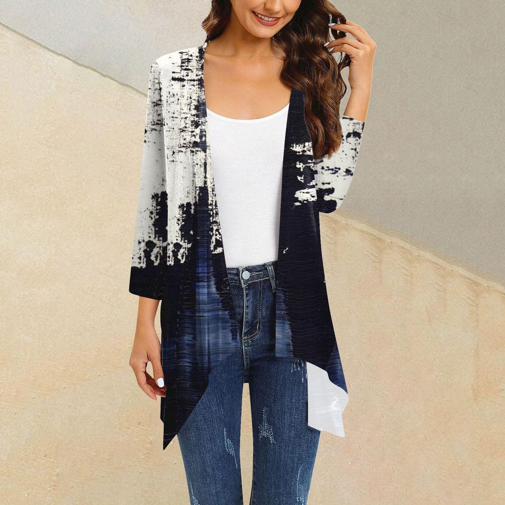Женский кардиган неправильной формы с принтом, рукавами три четверти и карманной курткой