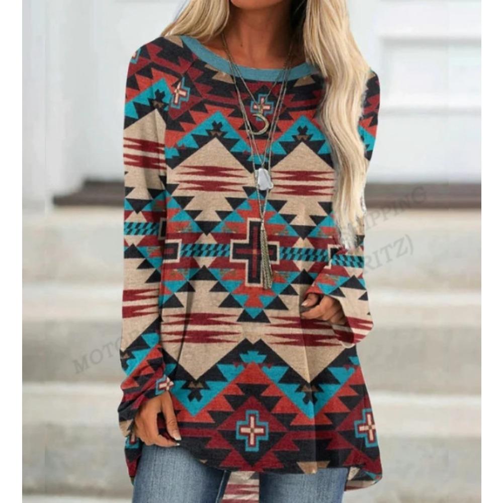 Этническая футболка с 3d принтом, женские модные футболки, повседневные топы с длинными рукавами, футболки с графическим принтом, свободные винтажные футболки в стиле Харадзюку