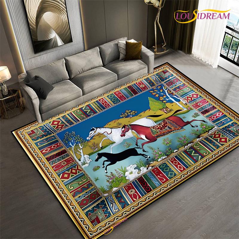 Мода Этническая Рамка Ковер Лошадь Домашний Декор Прямоугольный Ковер для Комнаты Черный Зеленый Оранжевый Гостиная Спальня Прикроватный Напольный Коврик для Стола