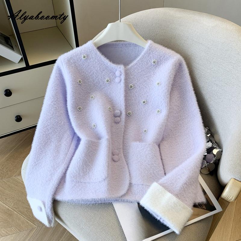 Элегантная Мода Осень Зима Женский Вязаный Кардиган Белый Розовый Голубой Фиолетовый Пушистое Вязаное Пальто Женственный Милый Бриллианты Женская Верхняя Одежда