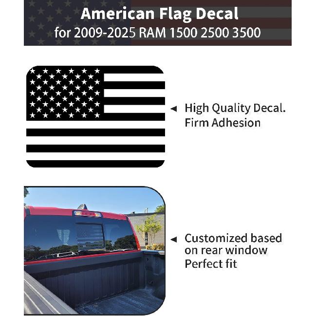 for 2009-2025 RAM 1500 Rear Window Decals for 5th RAM 1500 2500 3500 Decals Stickers, Matte Black USA Flag Decal