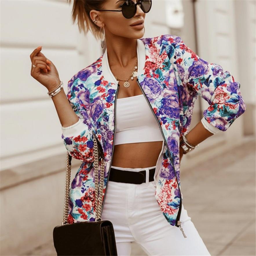 Women's Trendy Short Jacket Floral Print Bomber Jacket Casual Zipper Slim Fit Streetwear