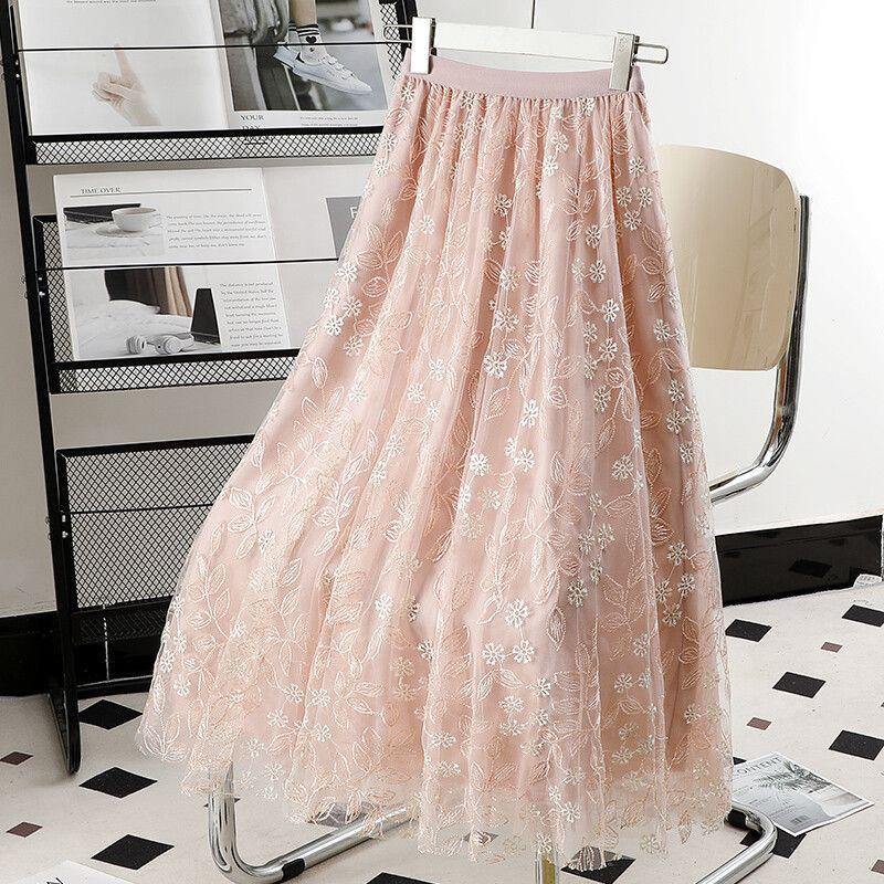 Elegant Embroidered Mesh Skirt Women Summer Floral Midi Skirt New Design