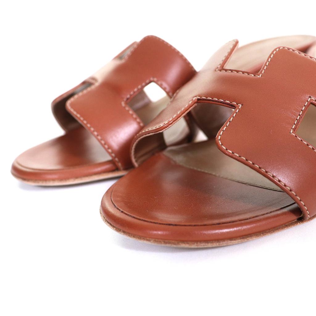 Great HERMES Mule Oasis H logo leather sandals Brown leather Women 35 071002Z Used